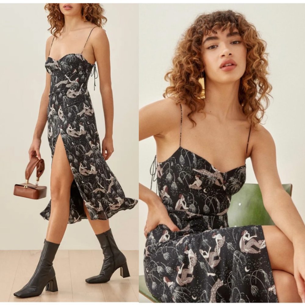 Reformation Black Midi Dress w/women/Celestial Print, size 4, amazing condition!